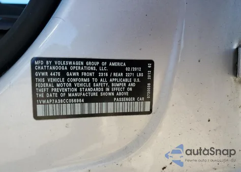 2012 Volkswagen Passat S from USA, damaged, VIN 1VWAP7A38CC056964